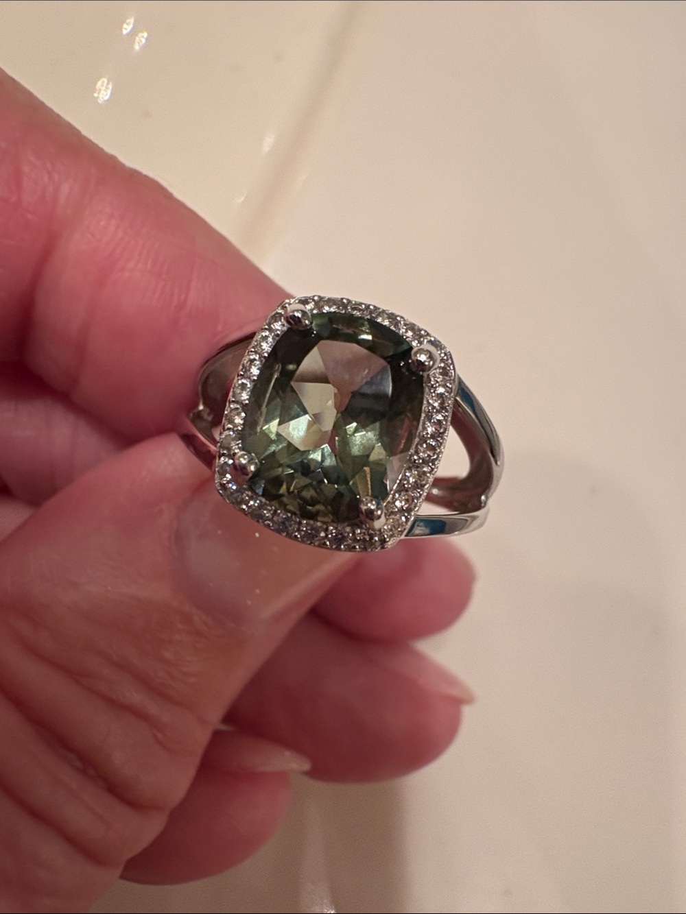 Size 6 Green Labradorite Halo Ring with Silver Band